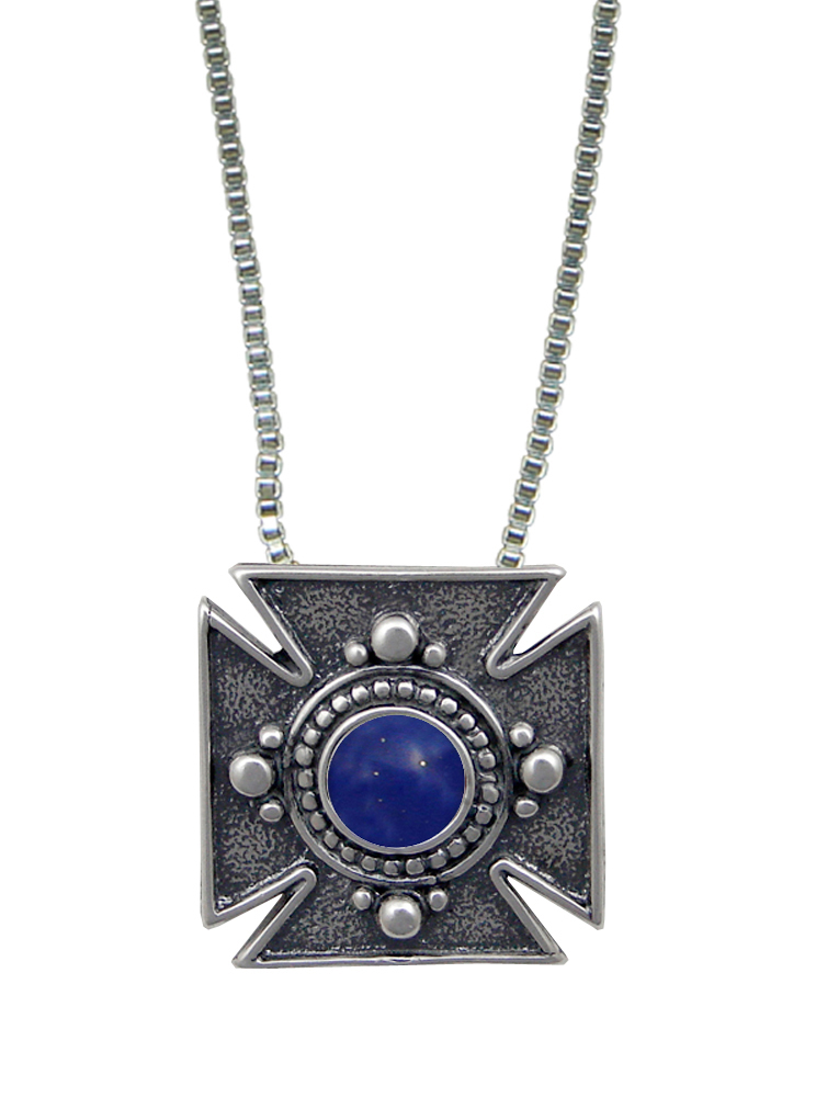 Sterling Silver Iron Cross Pendant Necklace With Lapis Lazuli